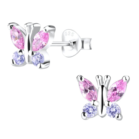 Kinder Ohrringe Schmetterling 925 Silber Zirkonia lila rosa