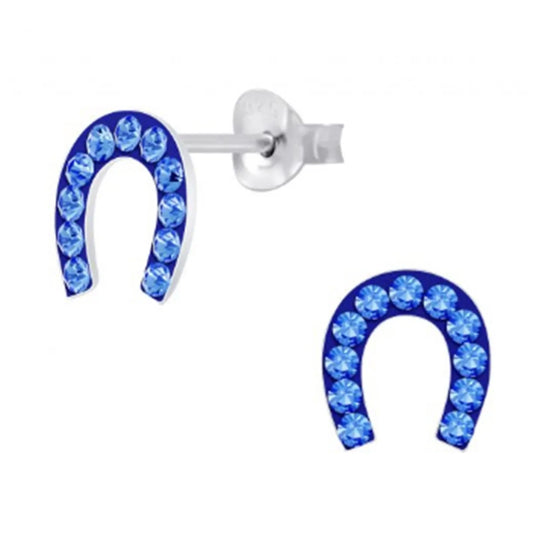 Kinderohrringe Hufeisen 925 Silber dunkelblauer Kristall