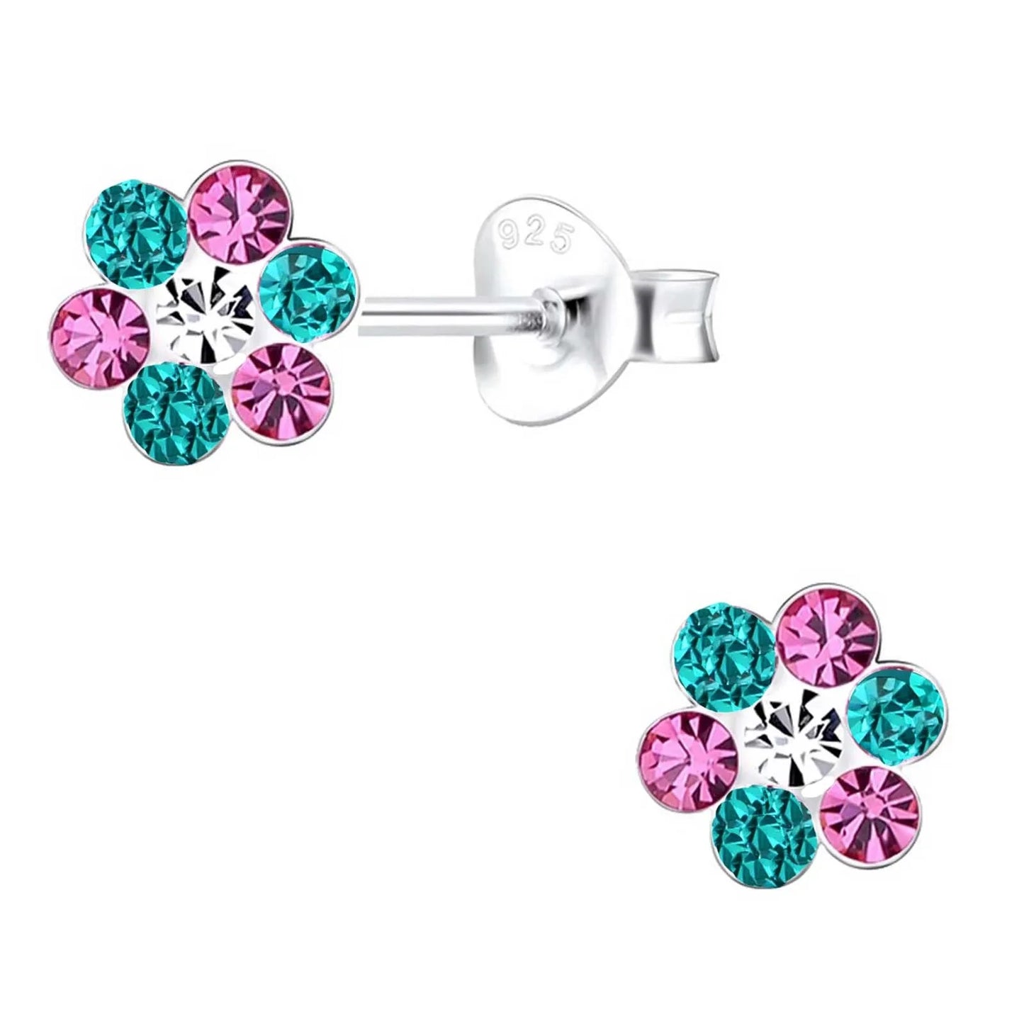 Kinderohrringe Blume 925 Silber grün pinke Kristalle