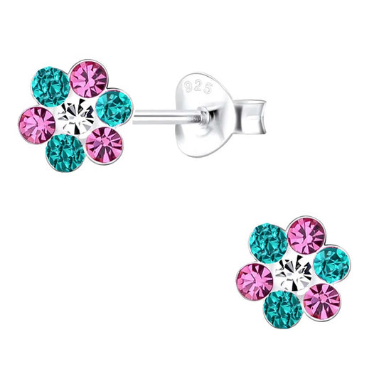 Kinderohrringe Blume 925 Silber grün pinke Kristalle