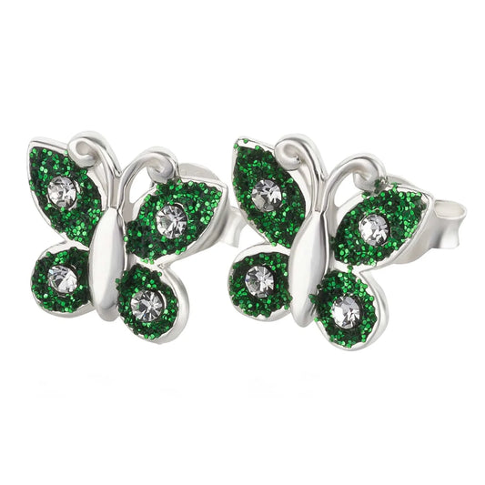 Kinderohrringe grĂŒner Schmetterling 925 Silber klare Kristalle
