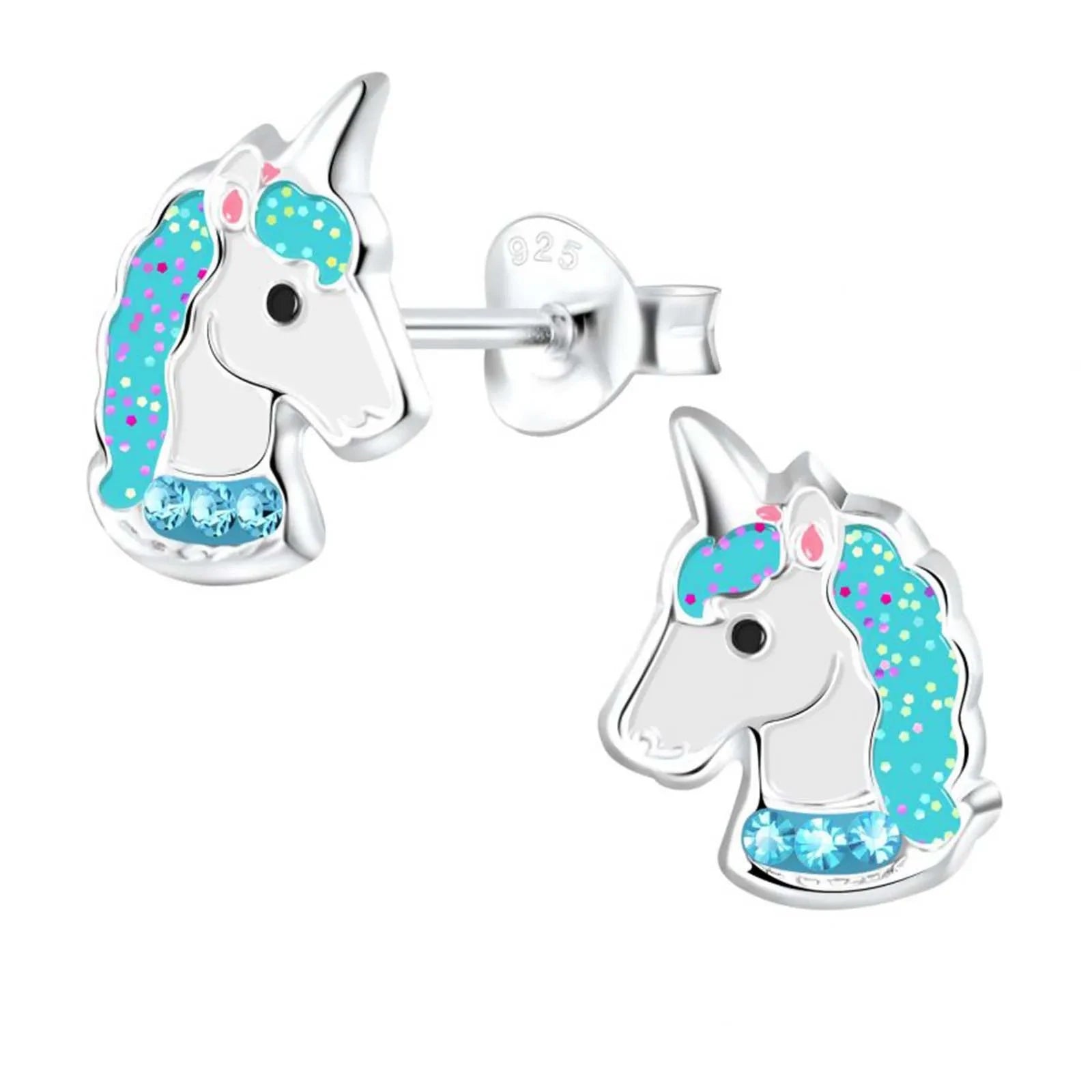 Kinderohrringe blaues Einhorn 925 Silber Glitzer Kristalle
