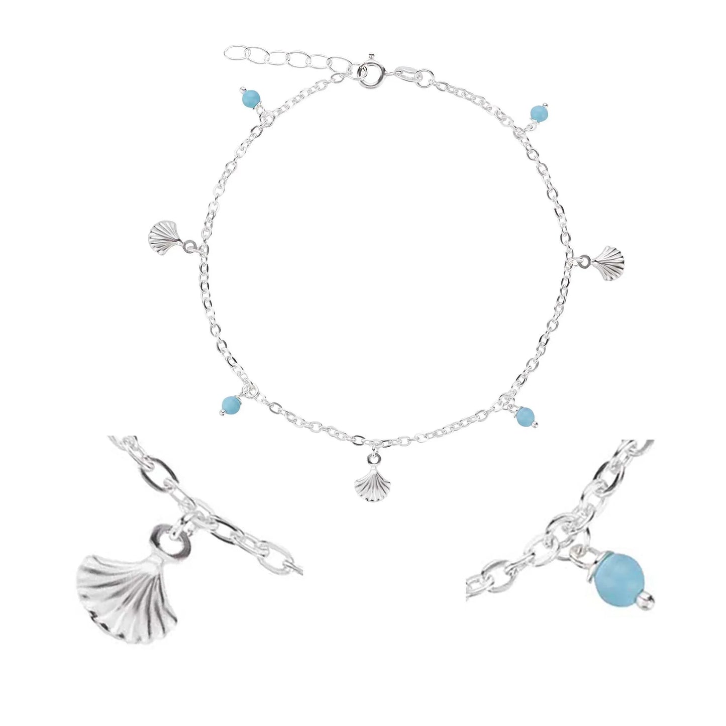 Fußkette Fußkettchen Muschel - Türkiskugeln 925 Silber