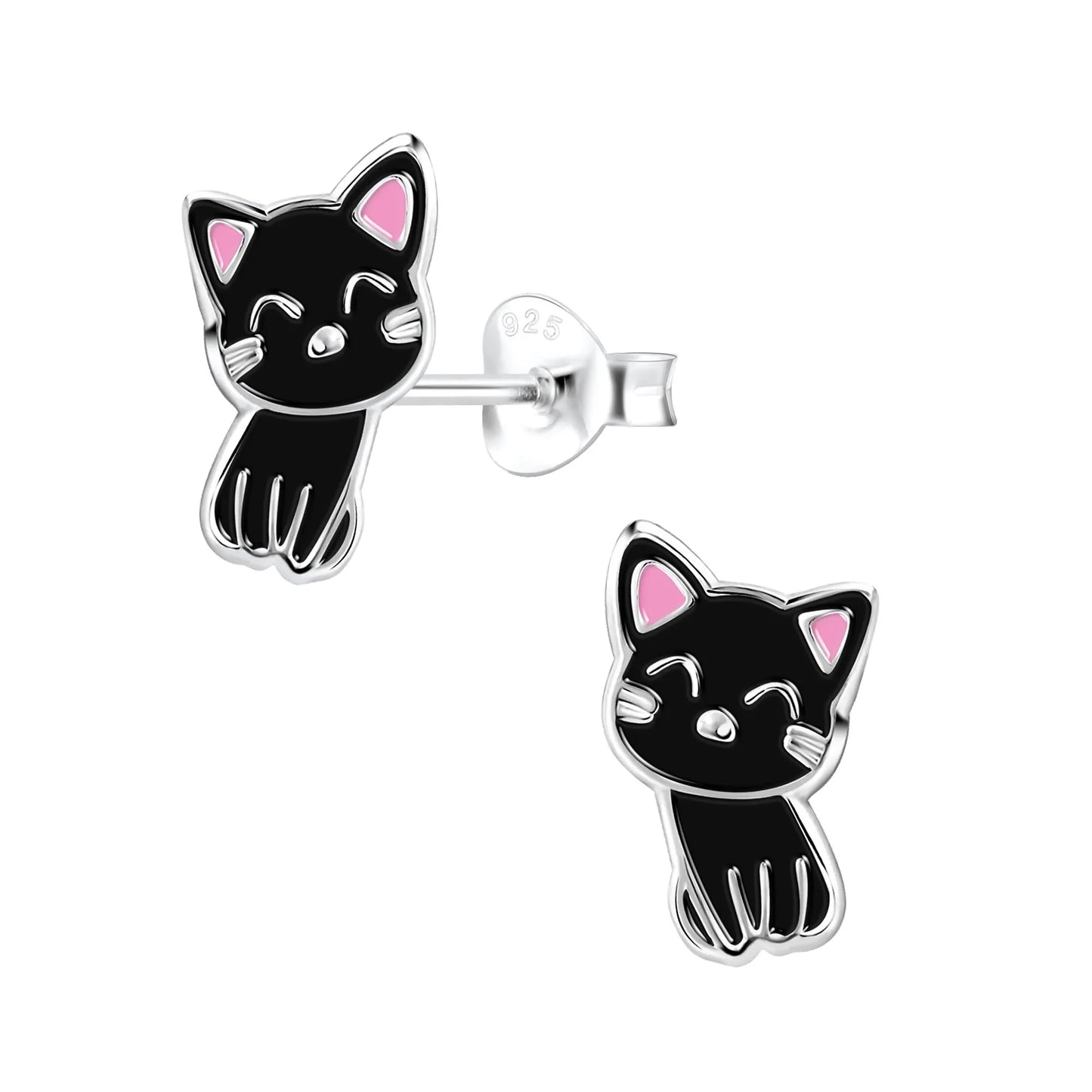 Kinderohrringe Katze 925 Silber in schwarz