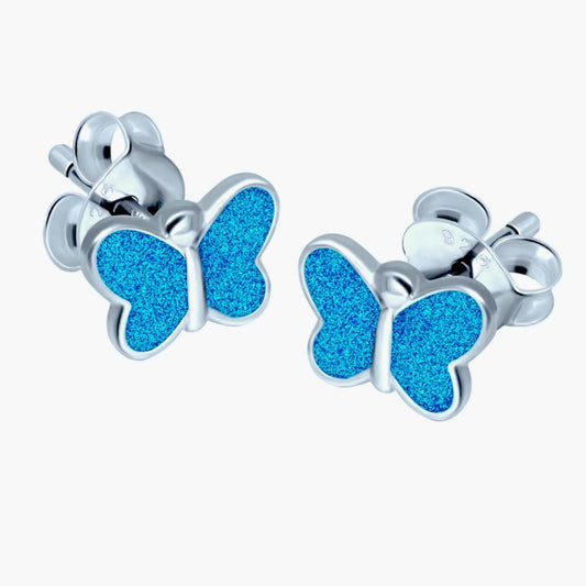 Kinderohrringe blauer Schmetterling 925 Silber Glanz und Glitzerfarbe