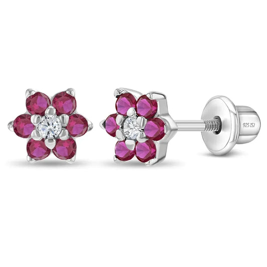 Ohrringe Blume Rot 925 Silber Sicherheitsverschluss - 4 mm