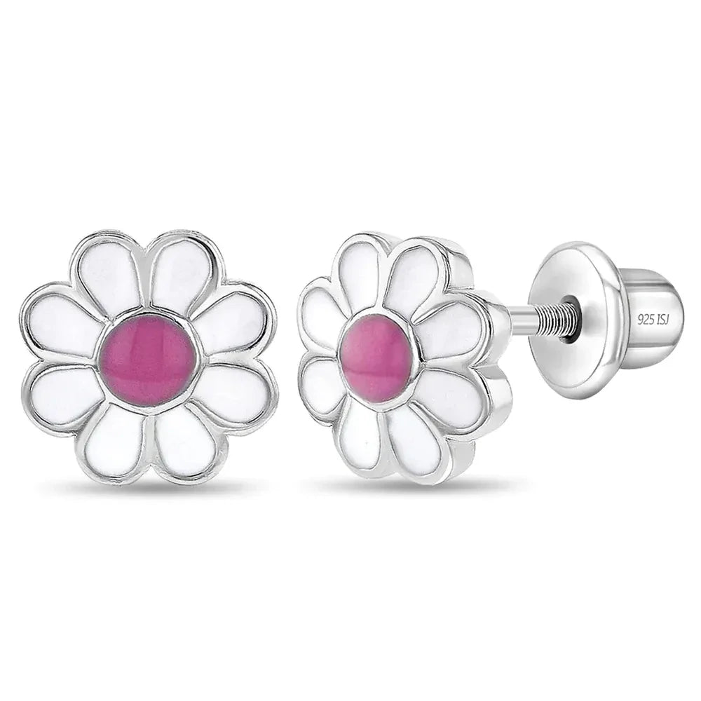 Kinder Ohrringe Gänseblümchen 925 Silber Sicherheitsverschluss 7 mm