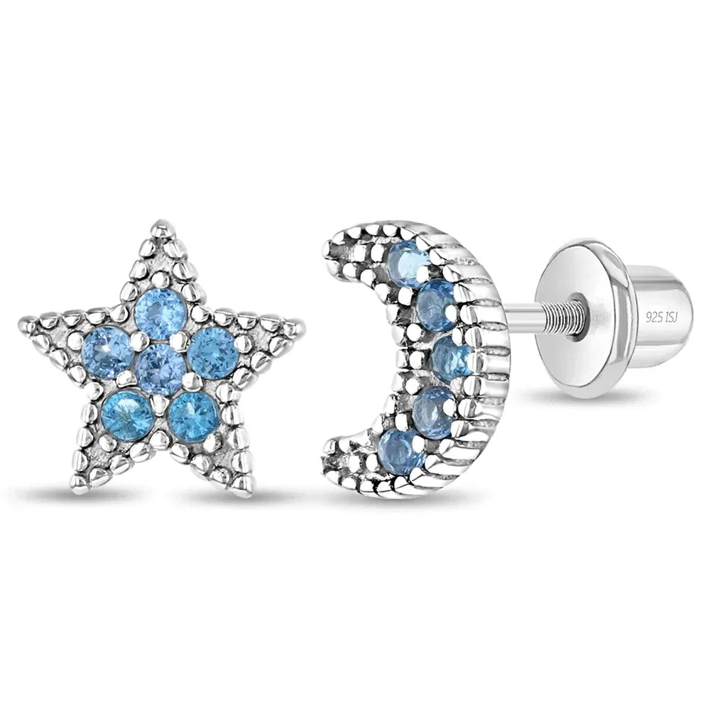 Ohrringe Mond Stern blau 925 Silber Sicherheitsverschluss 5x7 mm