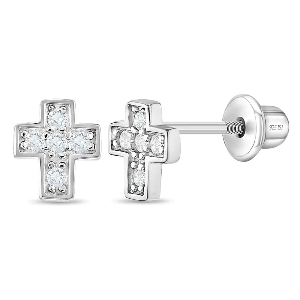 Ohrringe Kreuz Zirkonia 925 Silber Sicherheitsverschluss 6x6 mm