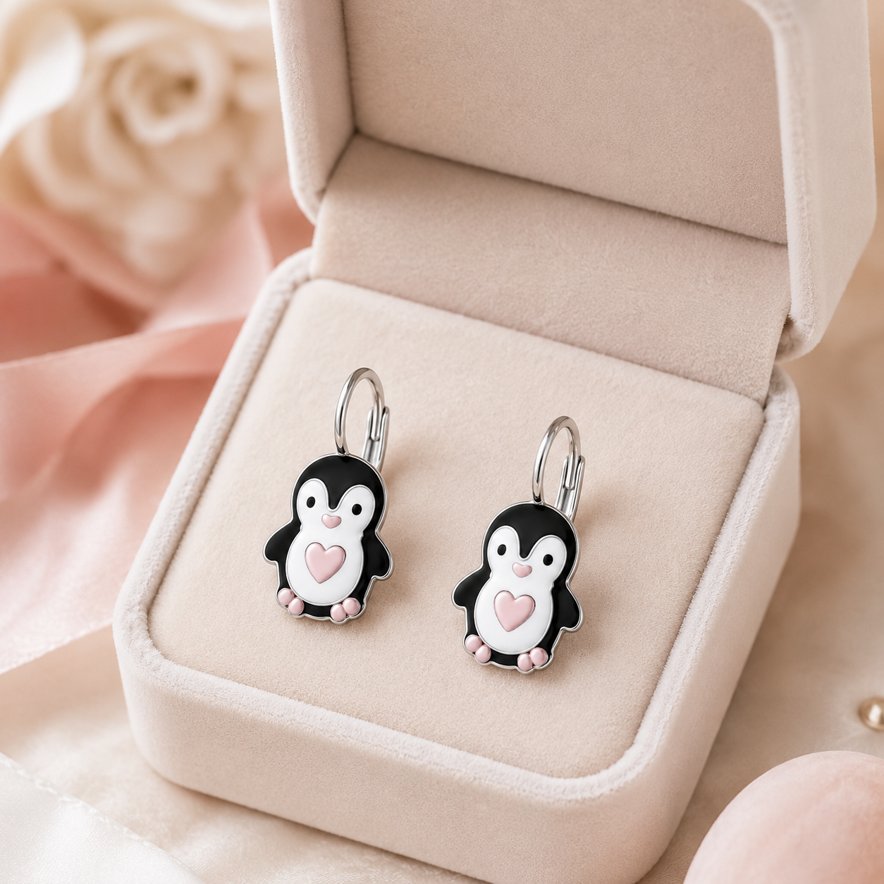 Kinderohrringe Pinguin Herz rosegold 925 Silber
