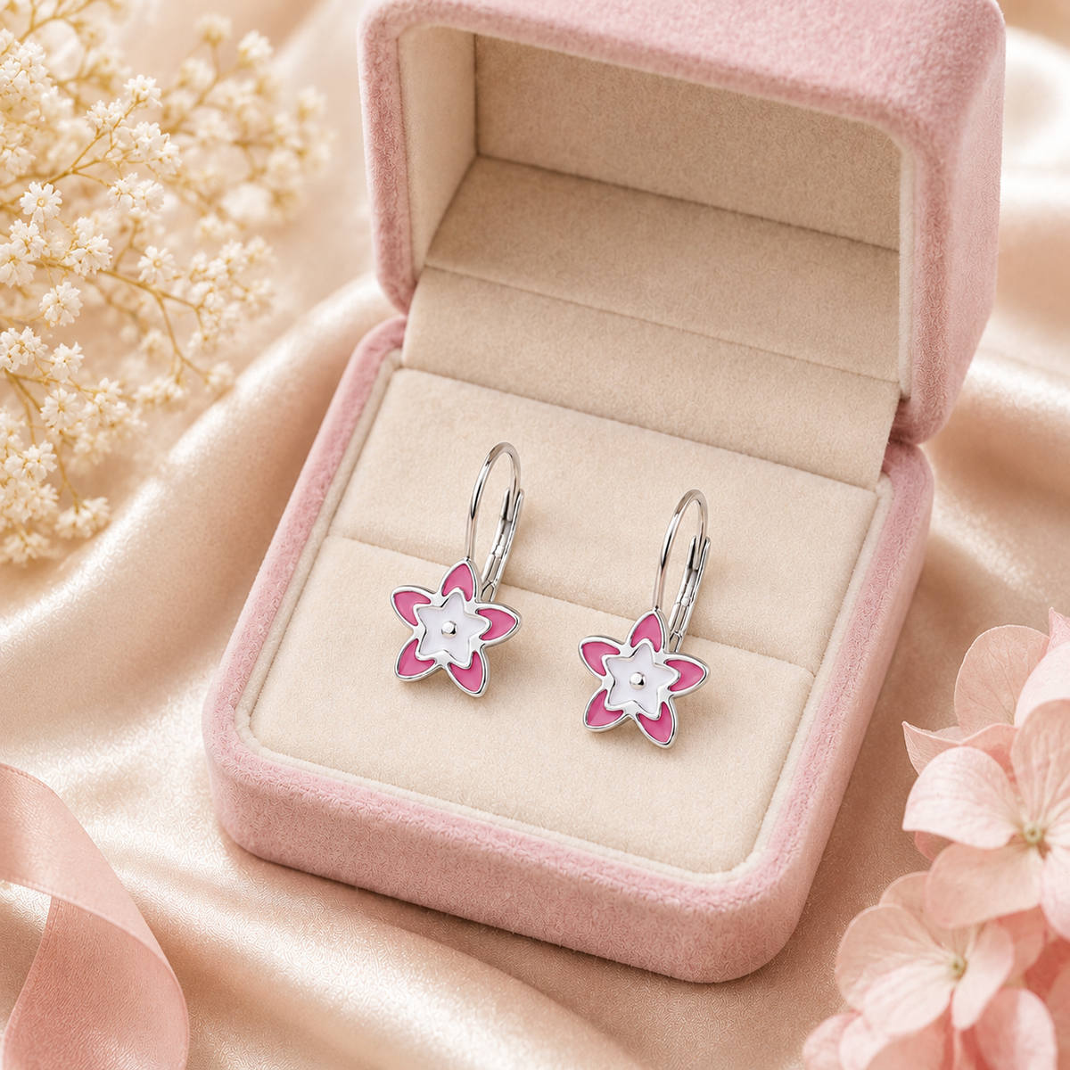 Kinderohrringe Ohrhänger pink weisse Blume 925 Silber