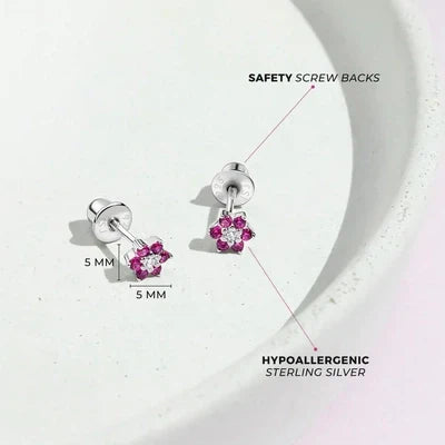 Ohrringe Blume Rot 925 Silber Schraubverschluss - 4 mm