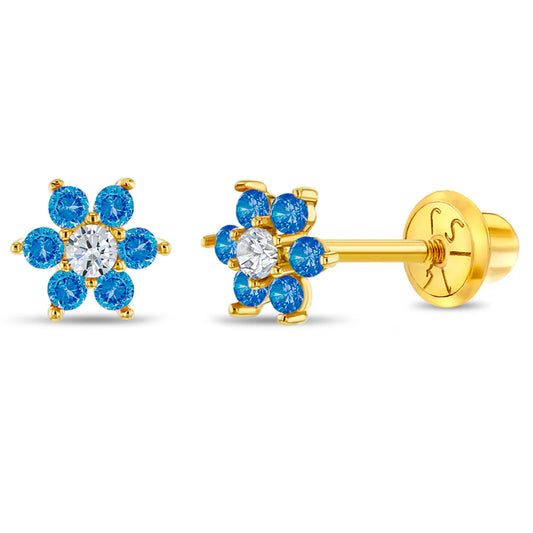 Ohrringe Blume Zirkonia blau 585 Gold Schraubverschluss