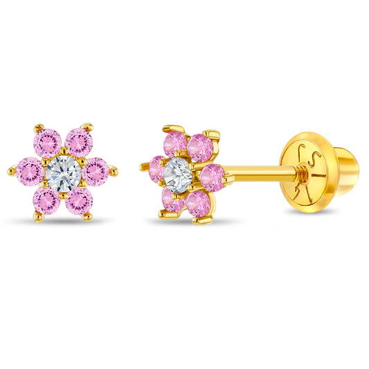 Ohrringe Blume Zirkonia rosa 585 Gold Schraubverschluss