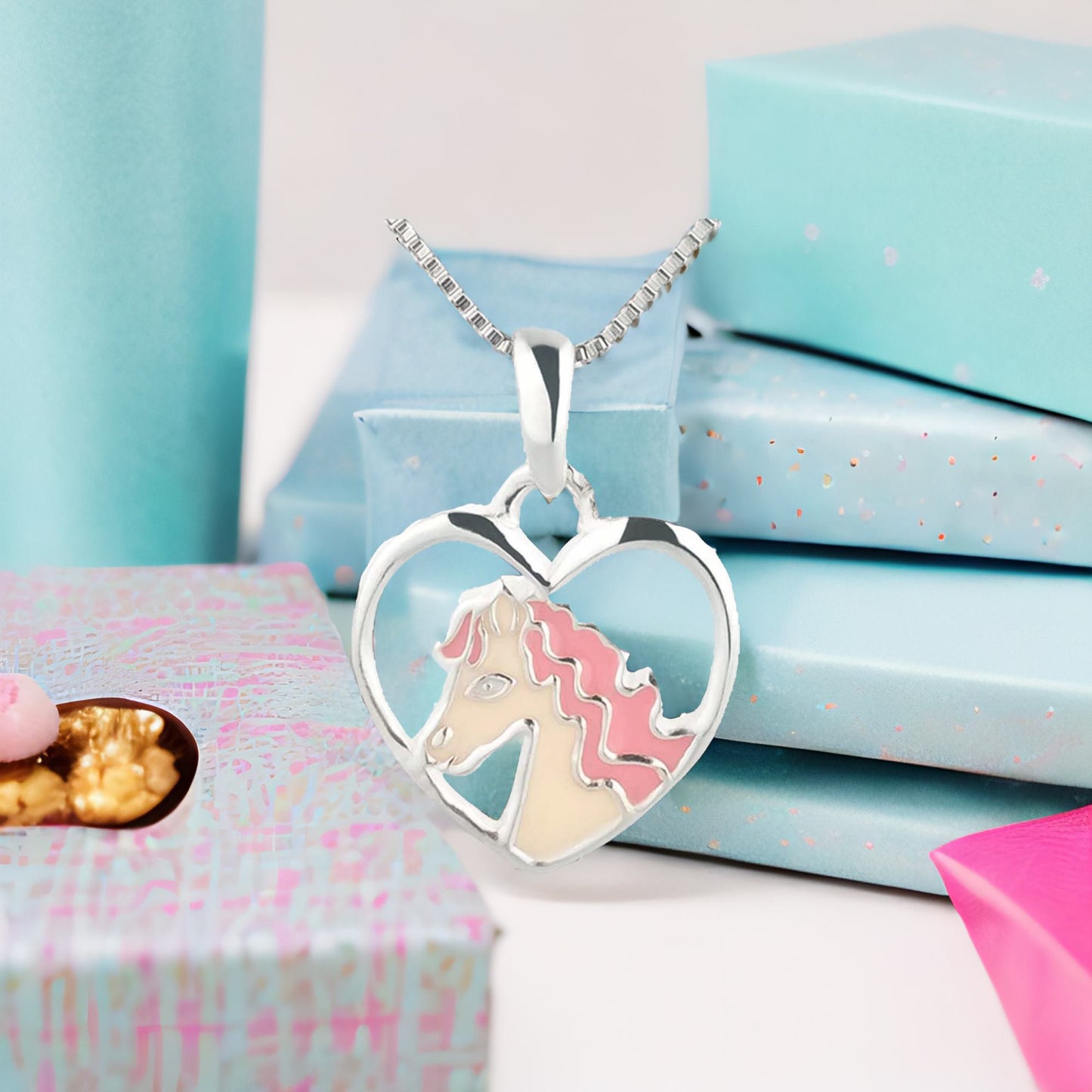 Kinder Anhänger rosa Pony Herz 925 Silber