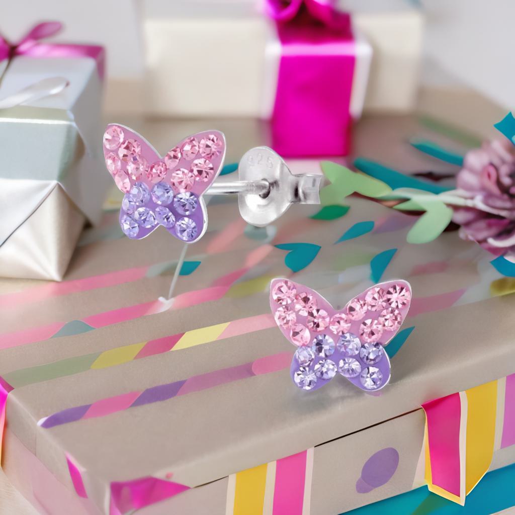 Kinderohrringe Schmetterling 925 Silber lila rosa Kristalle