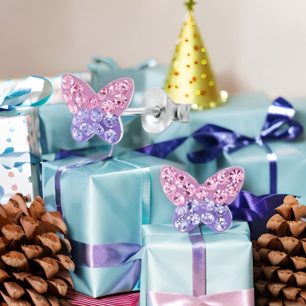 Kinderohrringe Schmetterling 925 Silber lila rosa Kristalle