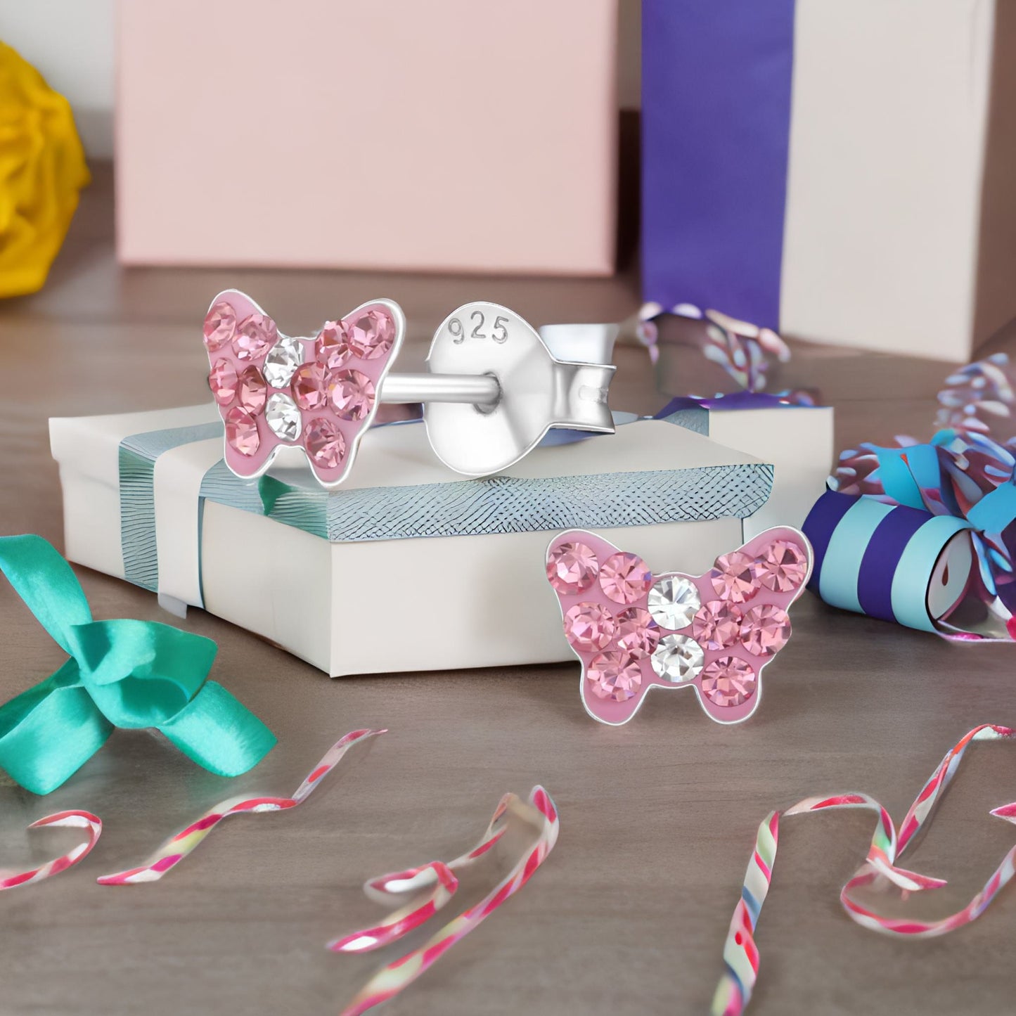 Kinderohrringe rosa Schmetterling 925 Silber aus Kristall