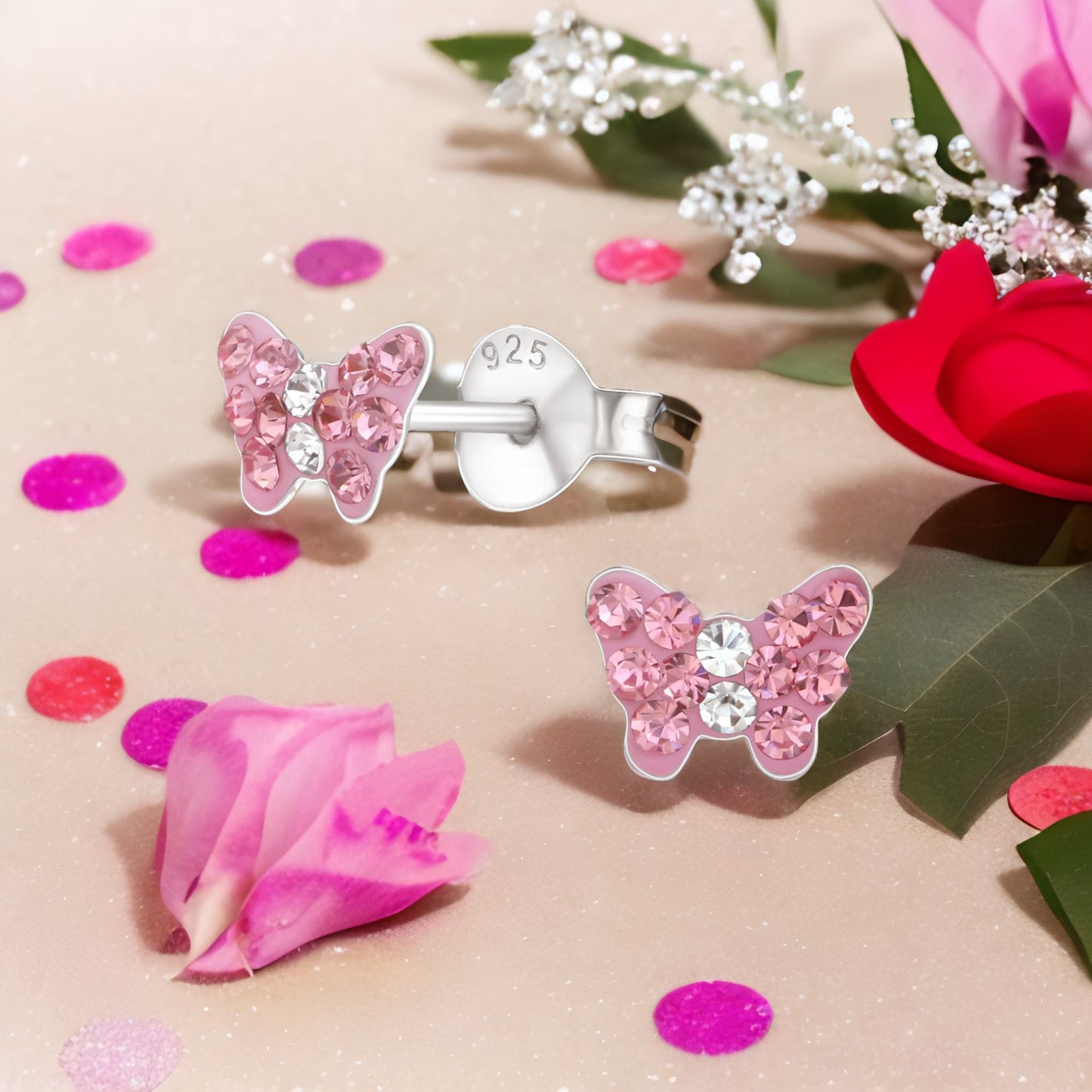 Kinderohrringe rosa Schmetterling 925 Silber aus Kristall