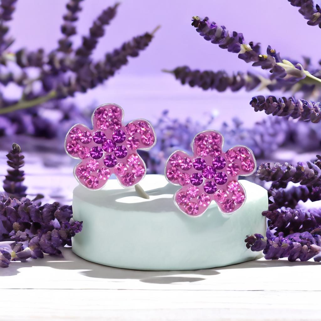 Ohrringe Blume 925 Silber aus pinken Kristallen