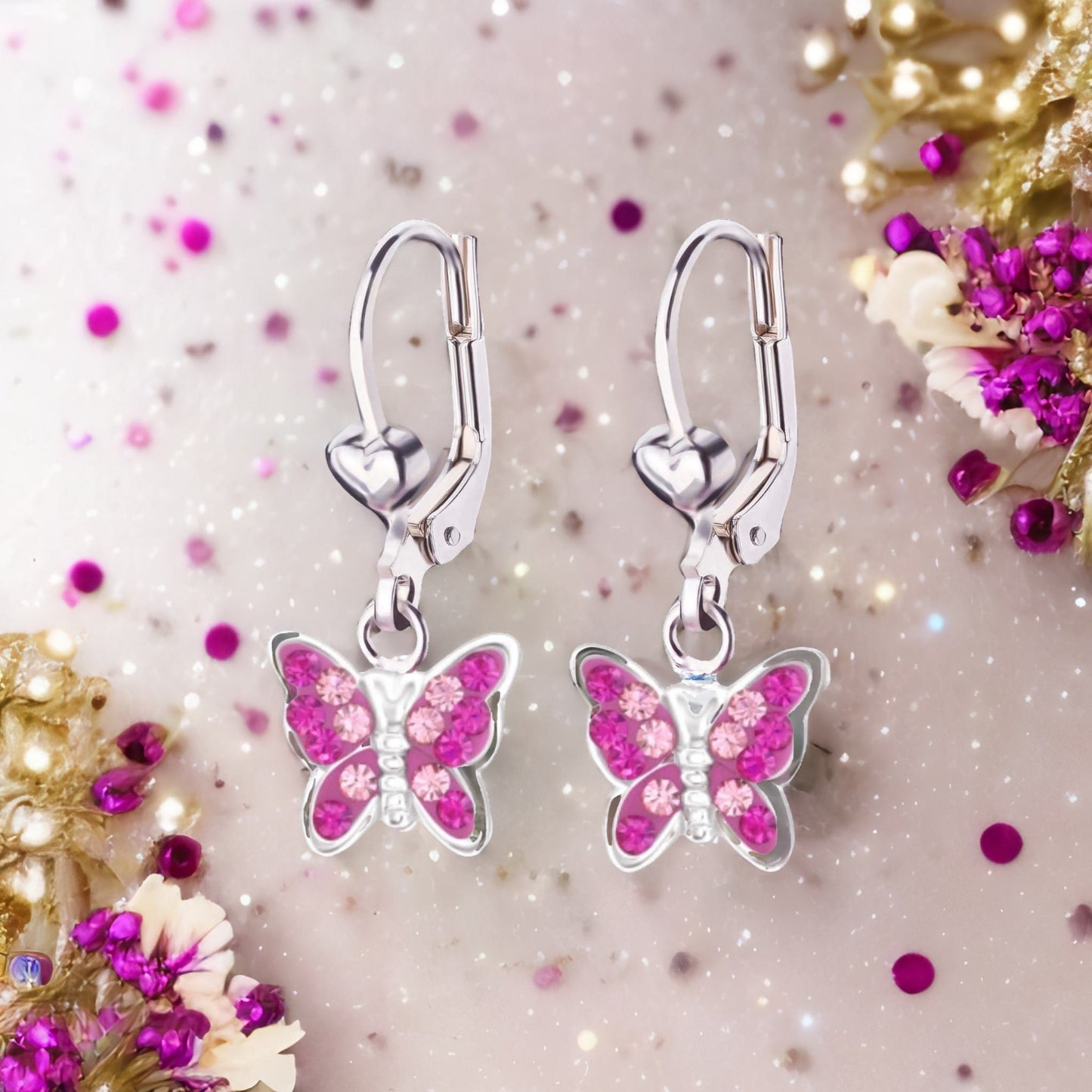 Kinderohrringe Schmetterling 925 Silber zwei pinke Kristallfarben