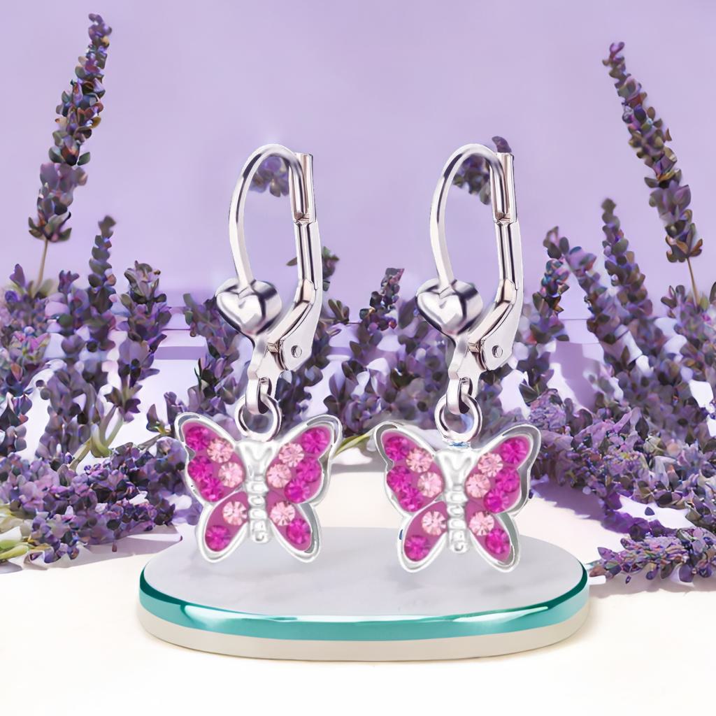 Kinderohrringe Schmetterling 925 Silber zwei pinke Kristallfarben