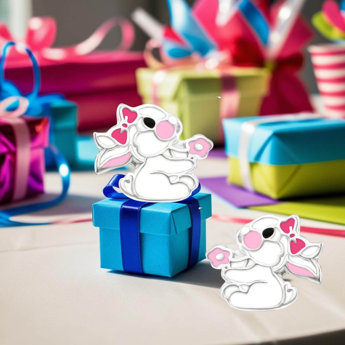 Kinderohrringe Hase pinke Blume 925 Silber