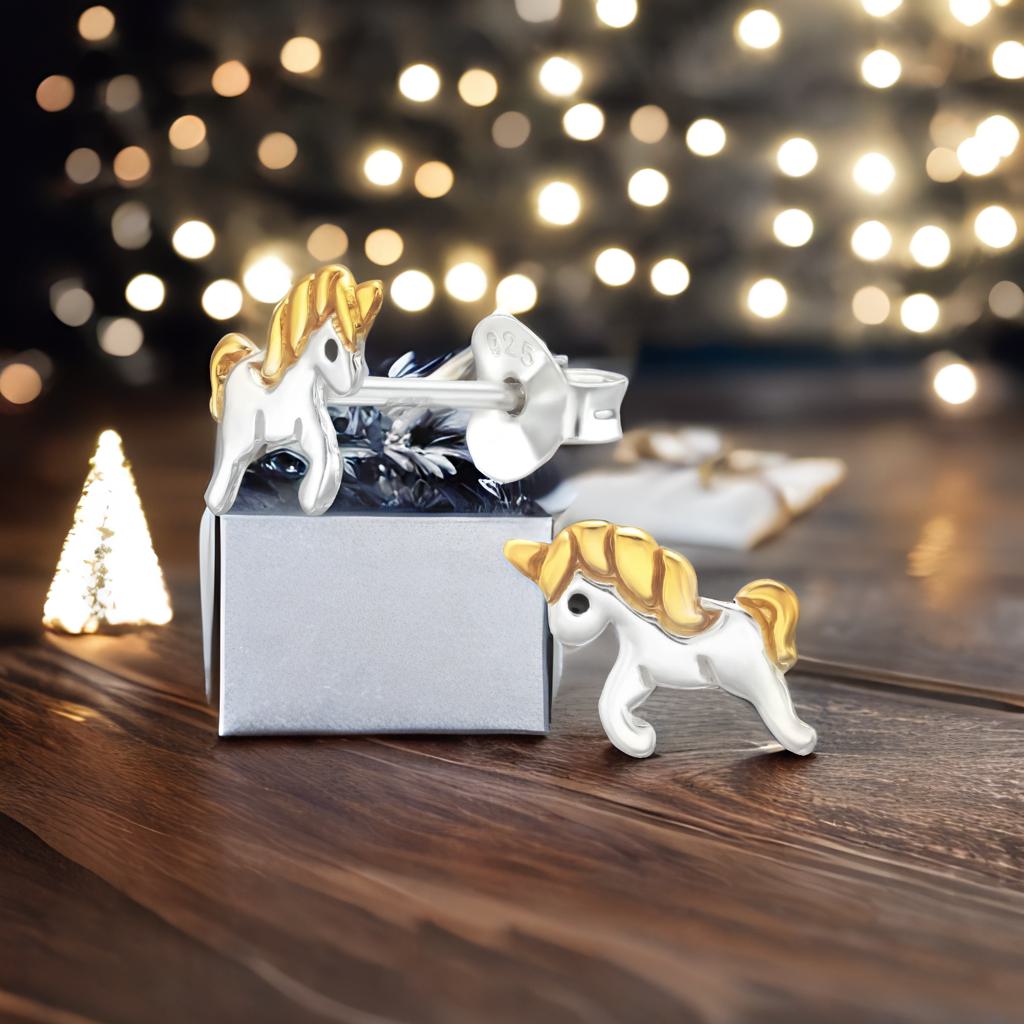 Kinder Ohrringe Einhorn 925 Silber Goldmähne