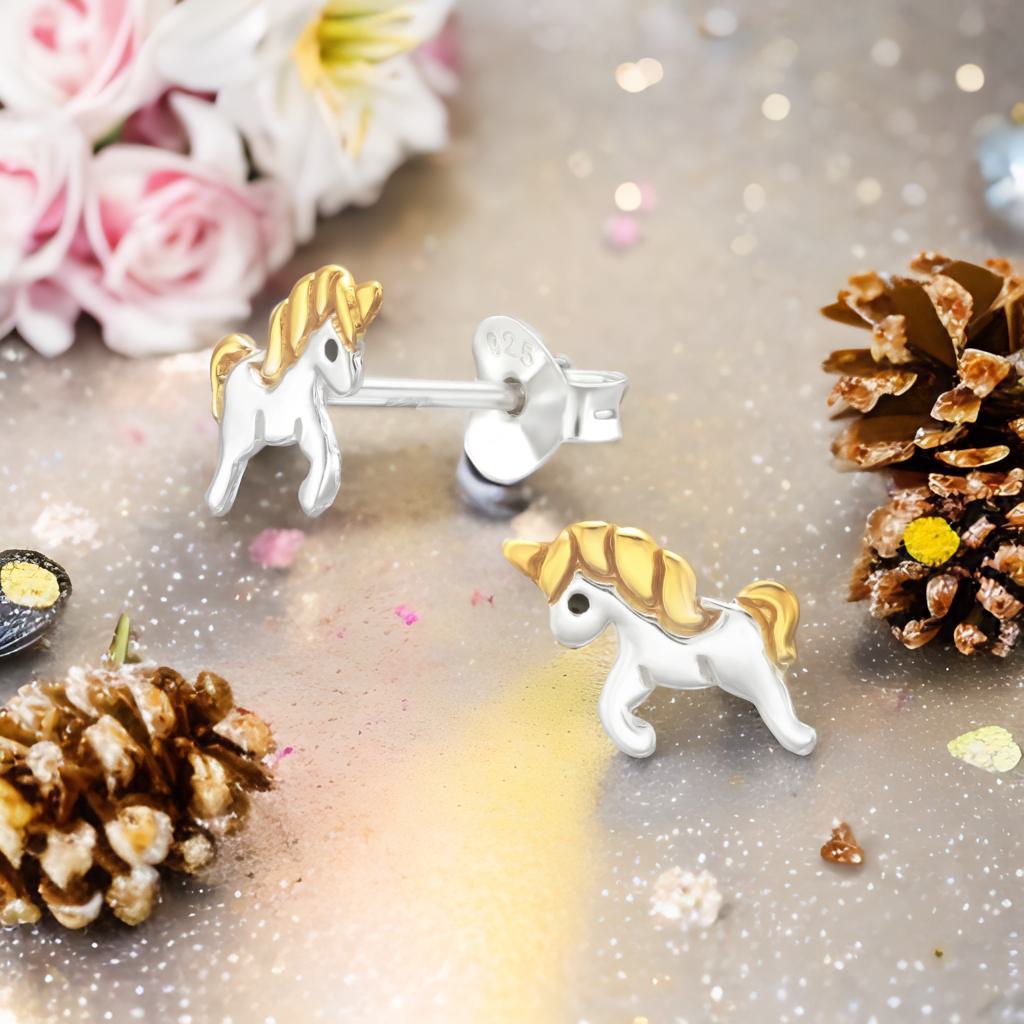 Kinder Ohrringe Einhorn 925 Silber Goldmähne