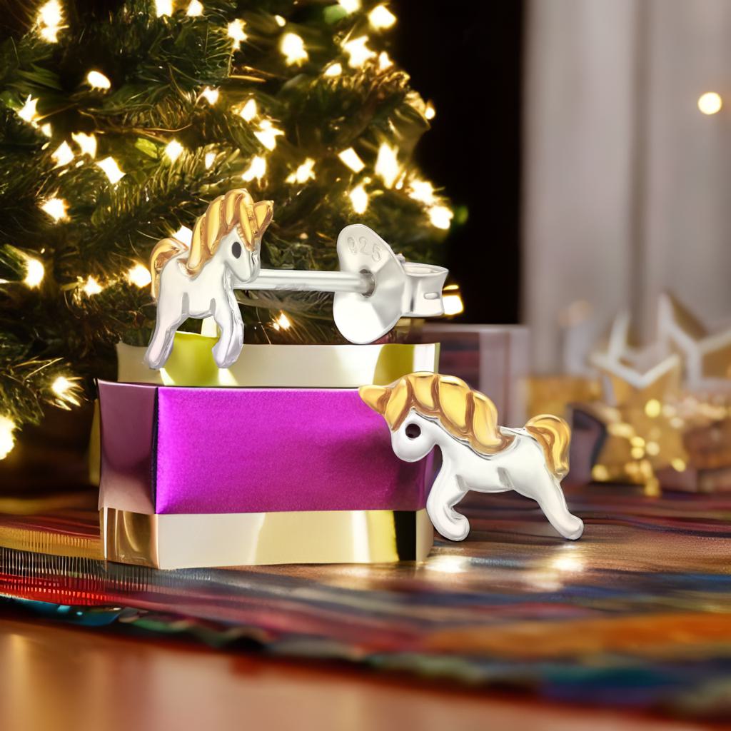 Kinder Ohrringe Einhorn 925 Silber Goldmähne