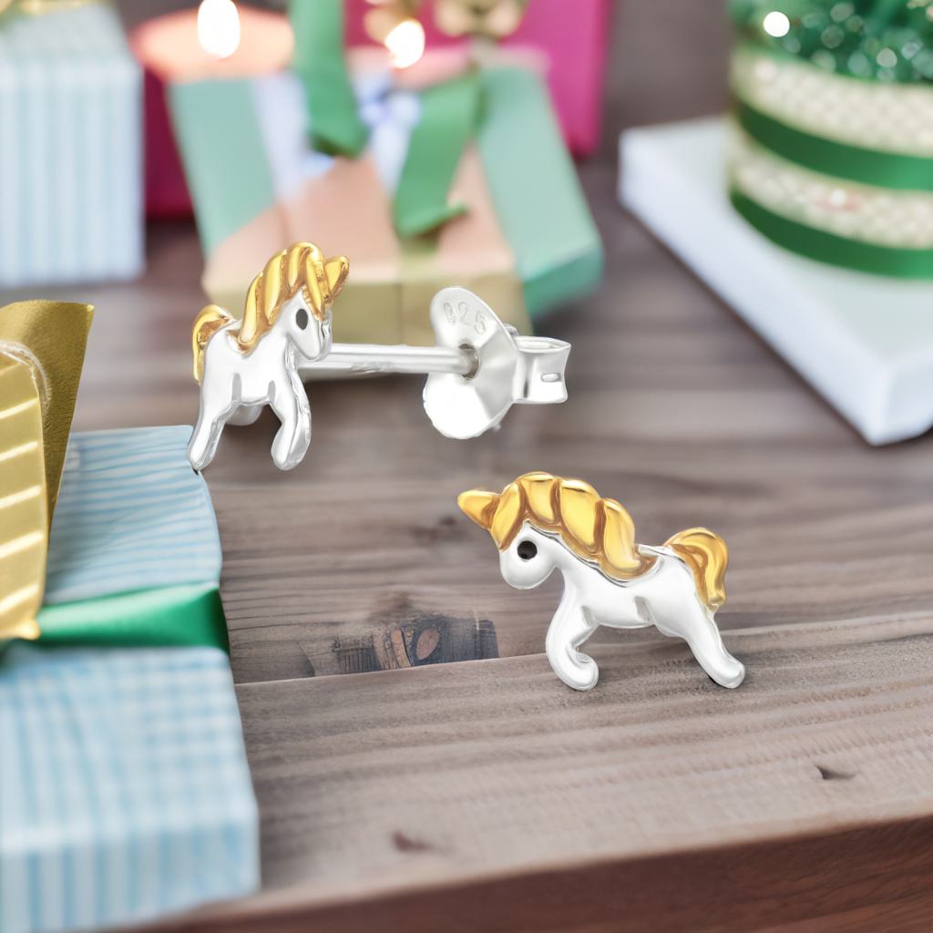 Kinder Ohrringe Einhorn 925 Silber Goldmähne