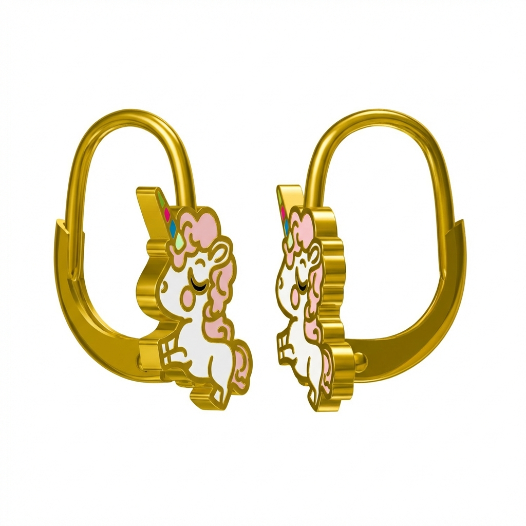 Goldene Kinderohrringe mit Einhorn-Anhänger, 925 Silber vergoldet, Regenbogen-Farbdesign.