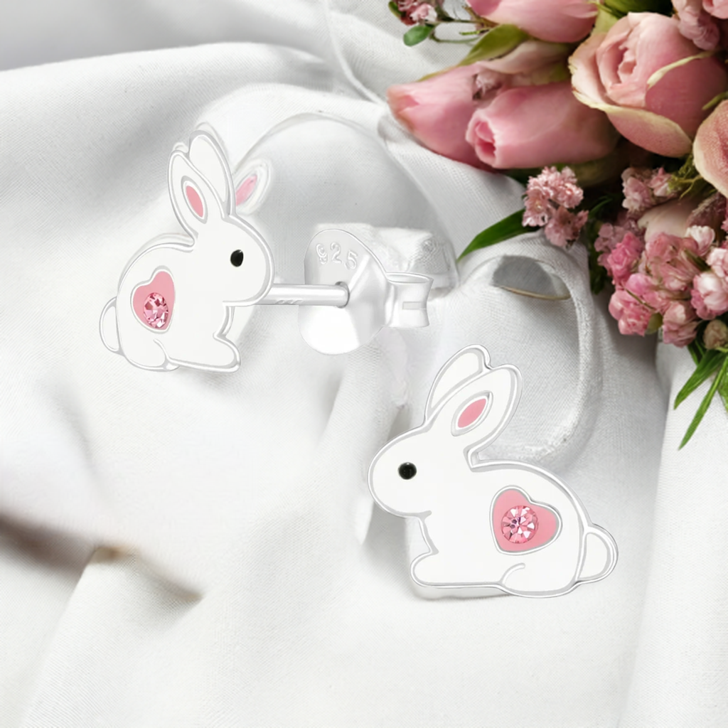 Kinder Ohrringe weisser Hase Herz 925 Silber
