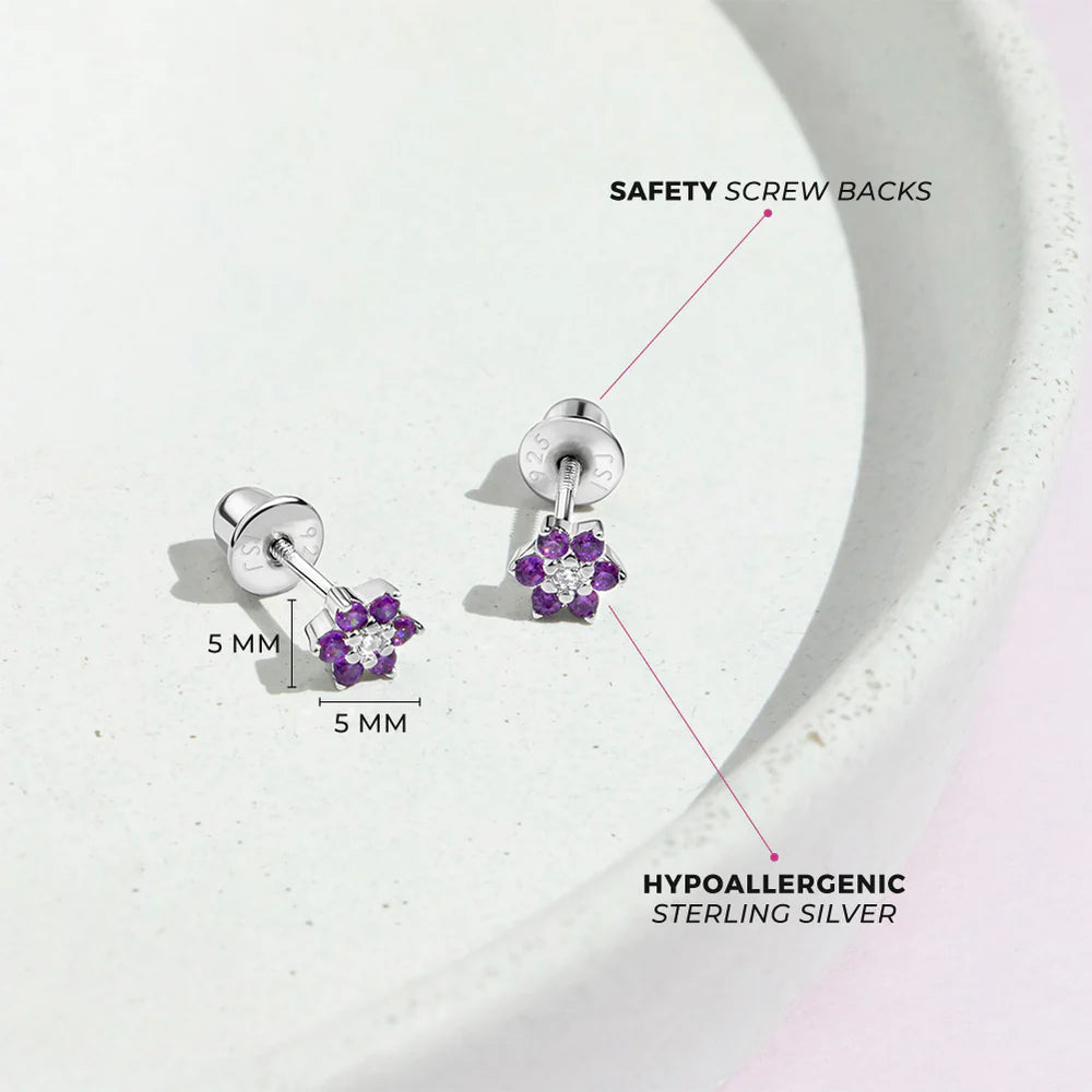 Ohrringe Blume Zirkonia lila 5 mm 925 Silber Schraubverschluss