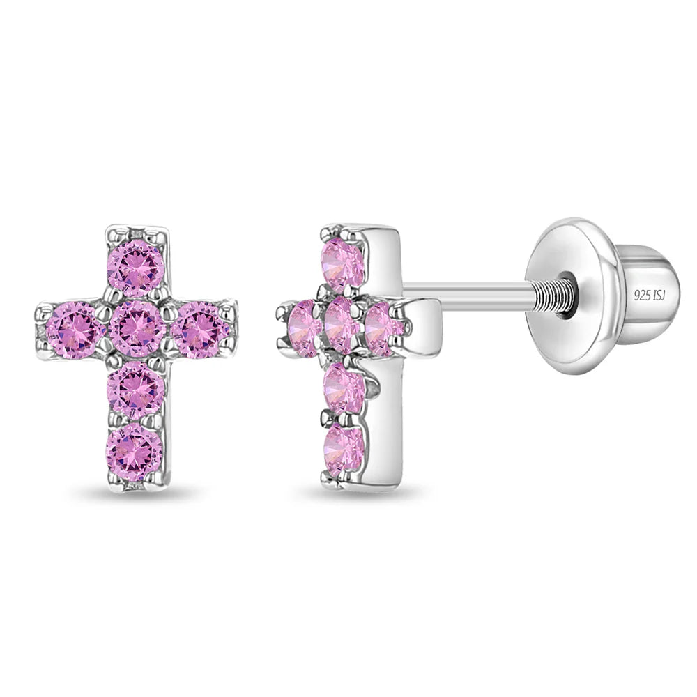 Ohrringe Kreuz Zirkonia pink 6x7 mm 925 Silber Schraubverschluss