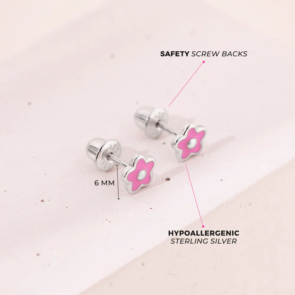 Kinder Ohrringe Blume Pink 925 Silber Schraubverschluss - 6 mm