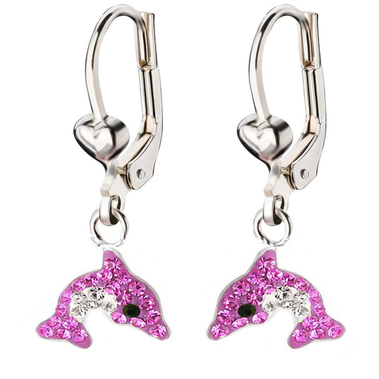 Kinderohrringe Delfin 925 Silber Kristalle pink klar