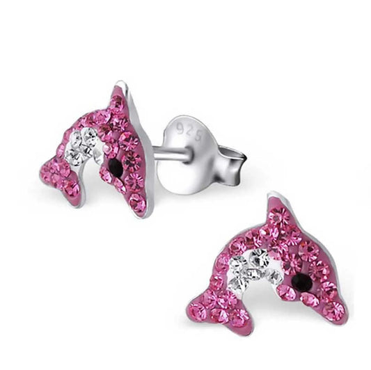 Kinderohrringe Delfin 925 Silber Kristalle Fuchsia