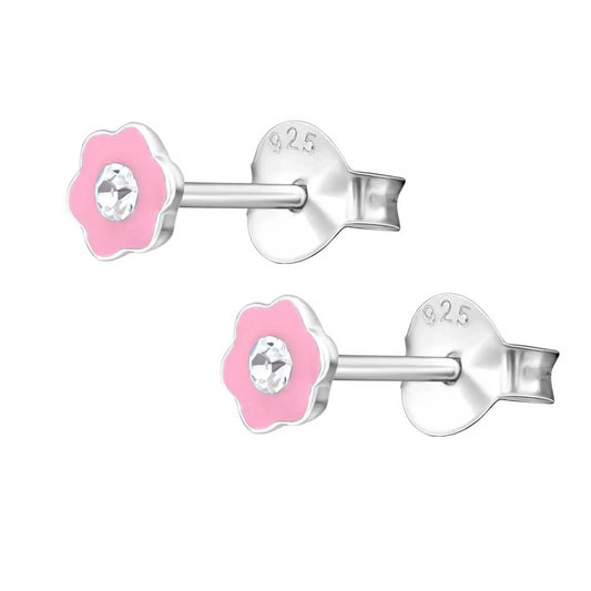 Kinderohrringe pinke Blume 925 Silber Kristall klar