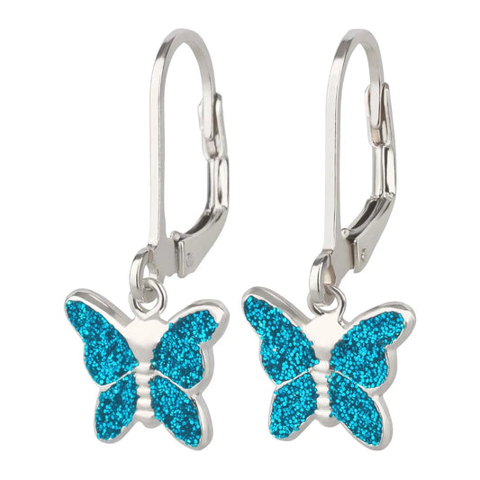Kinderohrringe Ohrhänger Glitzer blauer Schmetterling 925 Silber