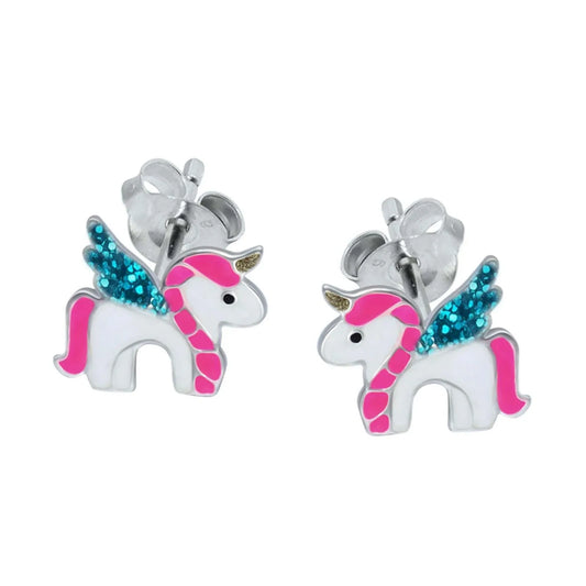 Kinderohrringe Einhorn 925 Silber Glitzer Flügel