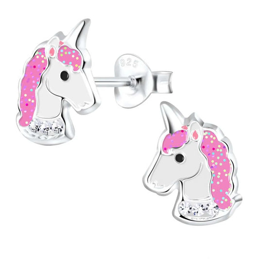 Kinderohrringe Einhorn 925 Silber Glitzerkristalle Klar