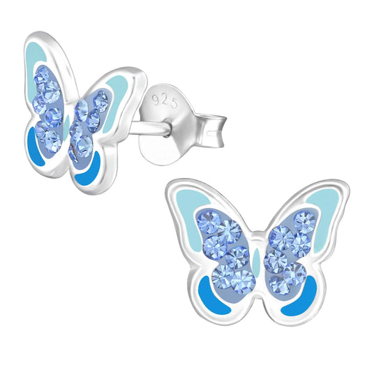 Kinderohrringe Schmetterling 925 Silber mit blauen Kristallen