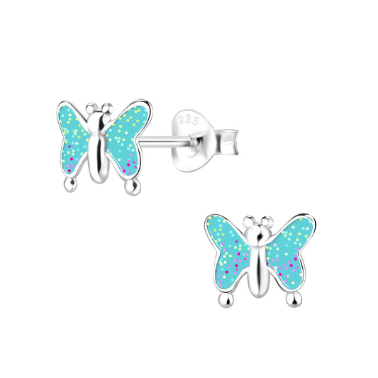 Kinderohrringe Schmetterling 925 Silber Glitzer blau