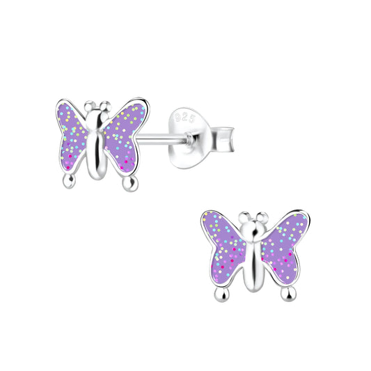 Kinderohrringe  Schmetterling 925 Silber Glitzer lila