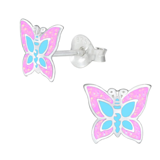 Kinderohrringe  Schmetterling 925 Silber Glitzer blau rosa