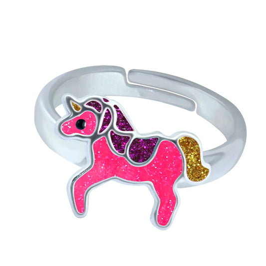 Kinderring Glitzer pinkes goldenes Einhorn 925 Silber