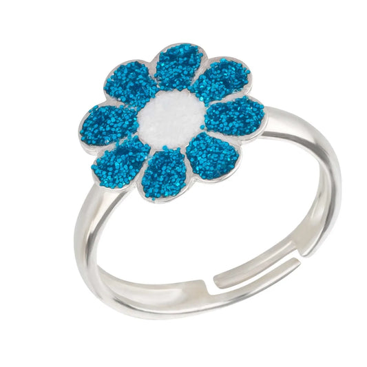 Kinderring Glitzer blaue  Blume 925 Silber