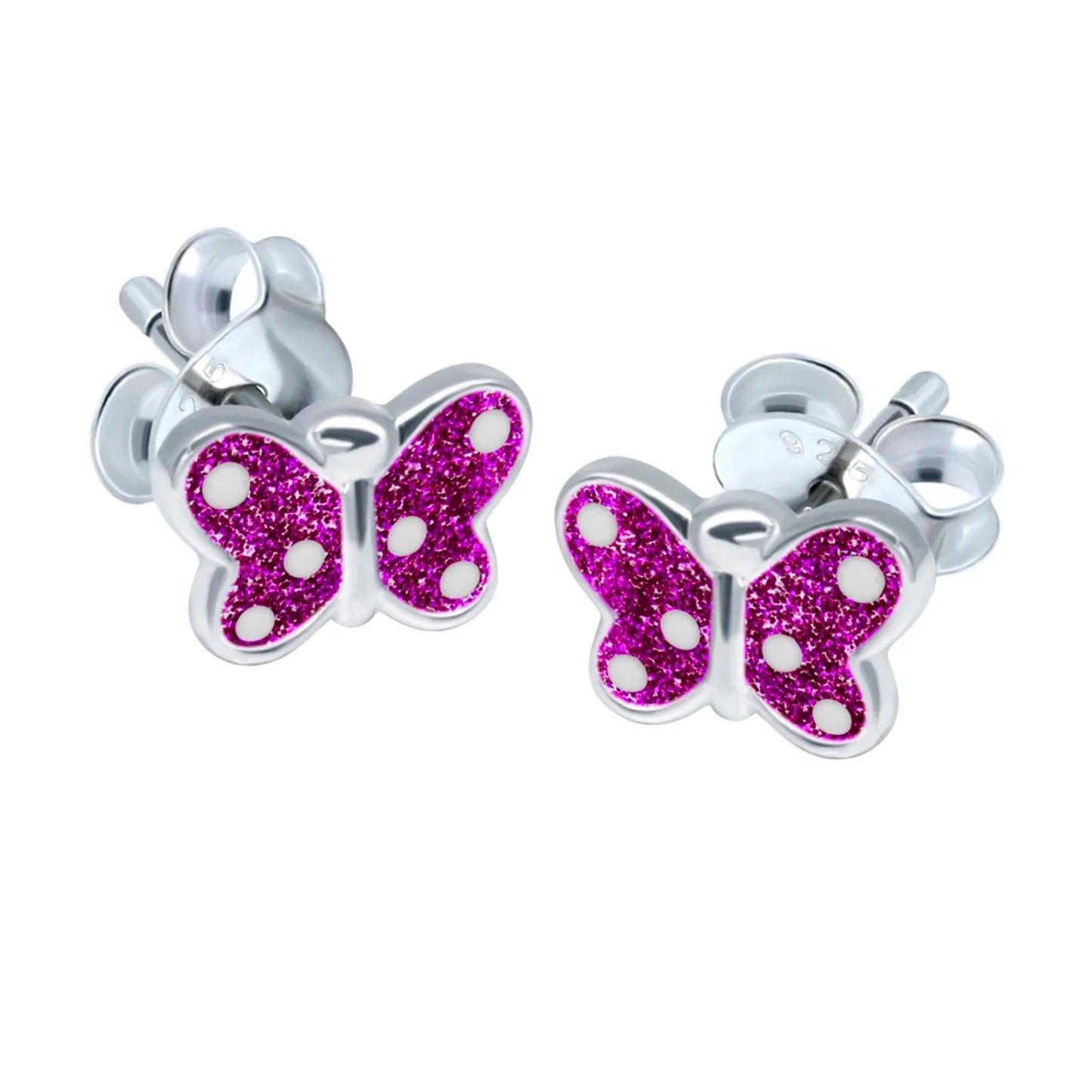 Kinderohrringe Schmetterling 925 Silber Glitzerfarbe fuchsia