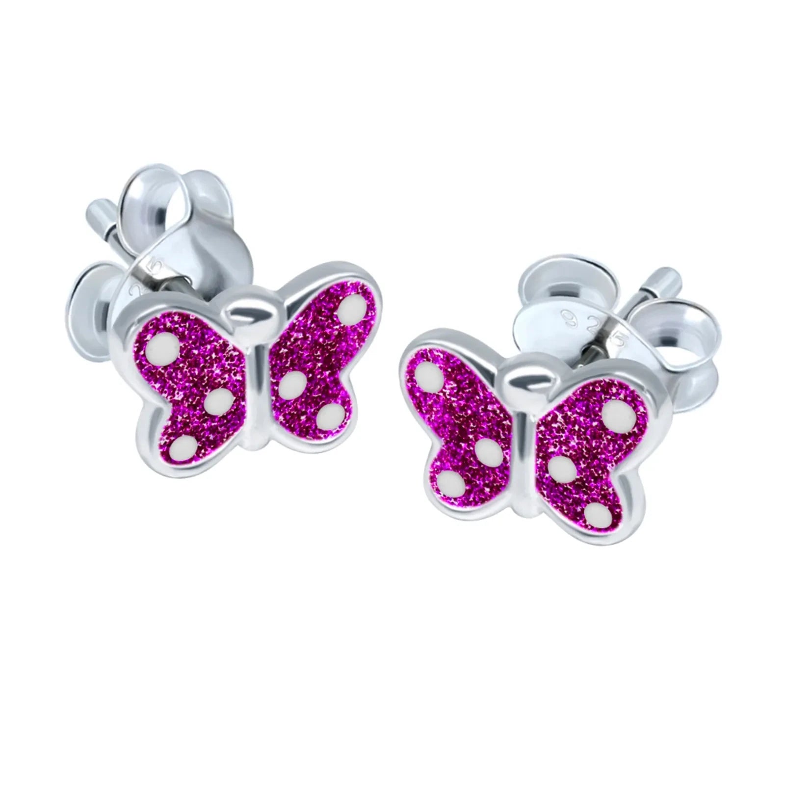 Kinderohrringe Schmetterling 925 Silber Glitzerfarbe fuchsia